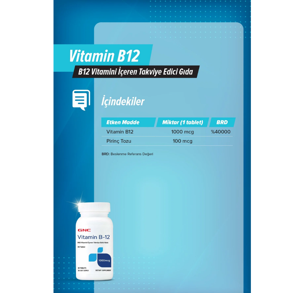 GNC - Vitamin B12 1000 MCG - B12 Vitamini İçeren Takviye Edici Gıda - 100 Tablet