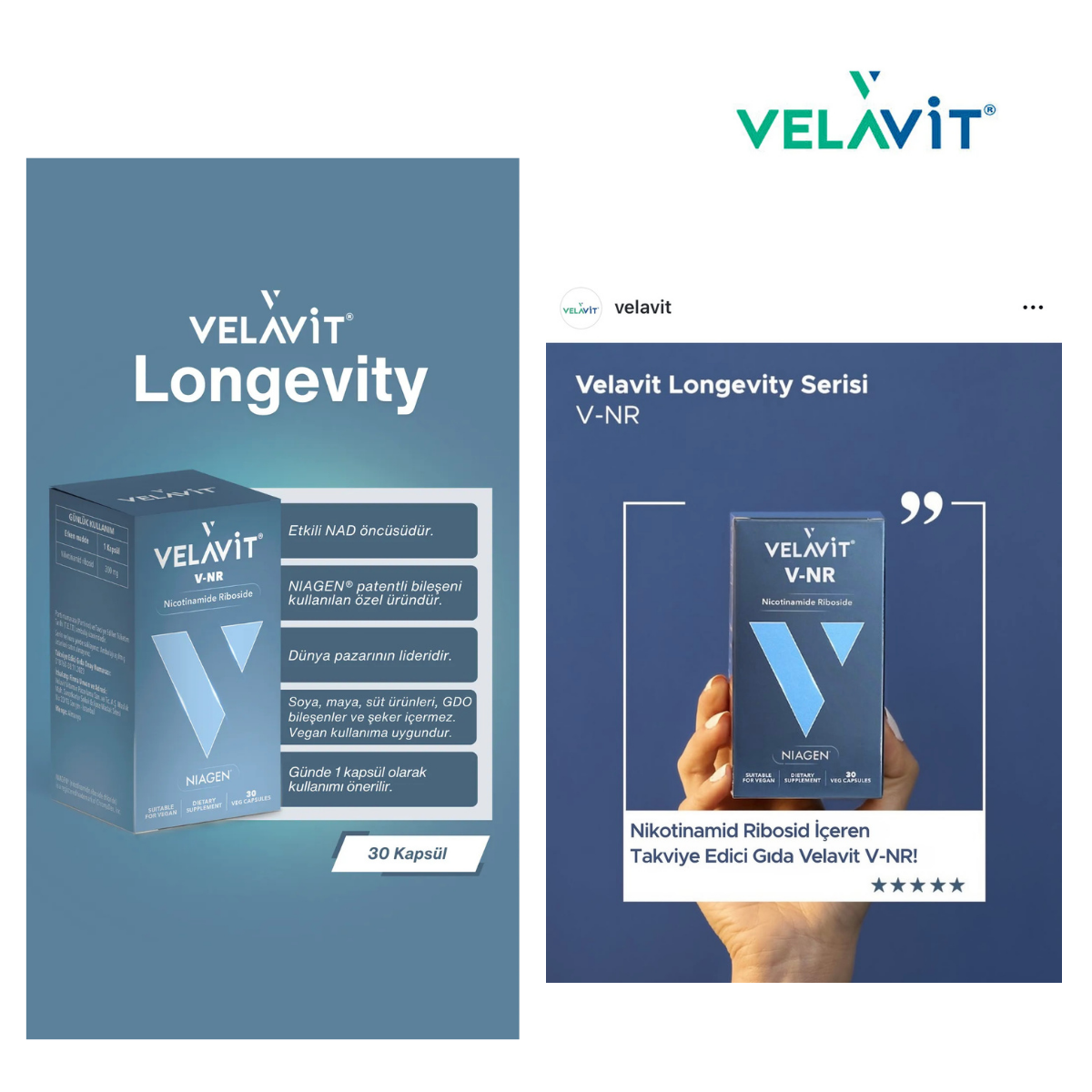 Velavit V NR - Patentli NAD Öncülü Nikotinamid Ribosid - Longevity - 30 Kapsül