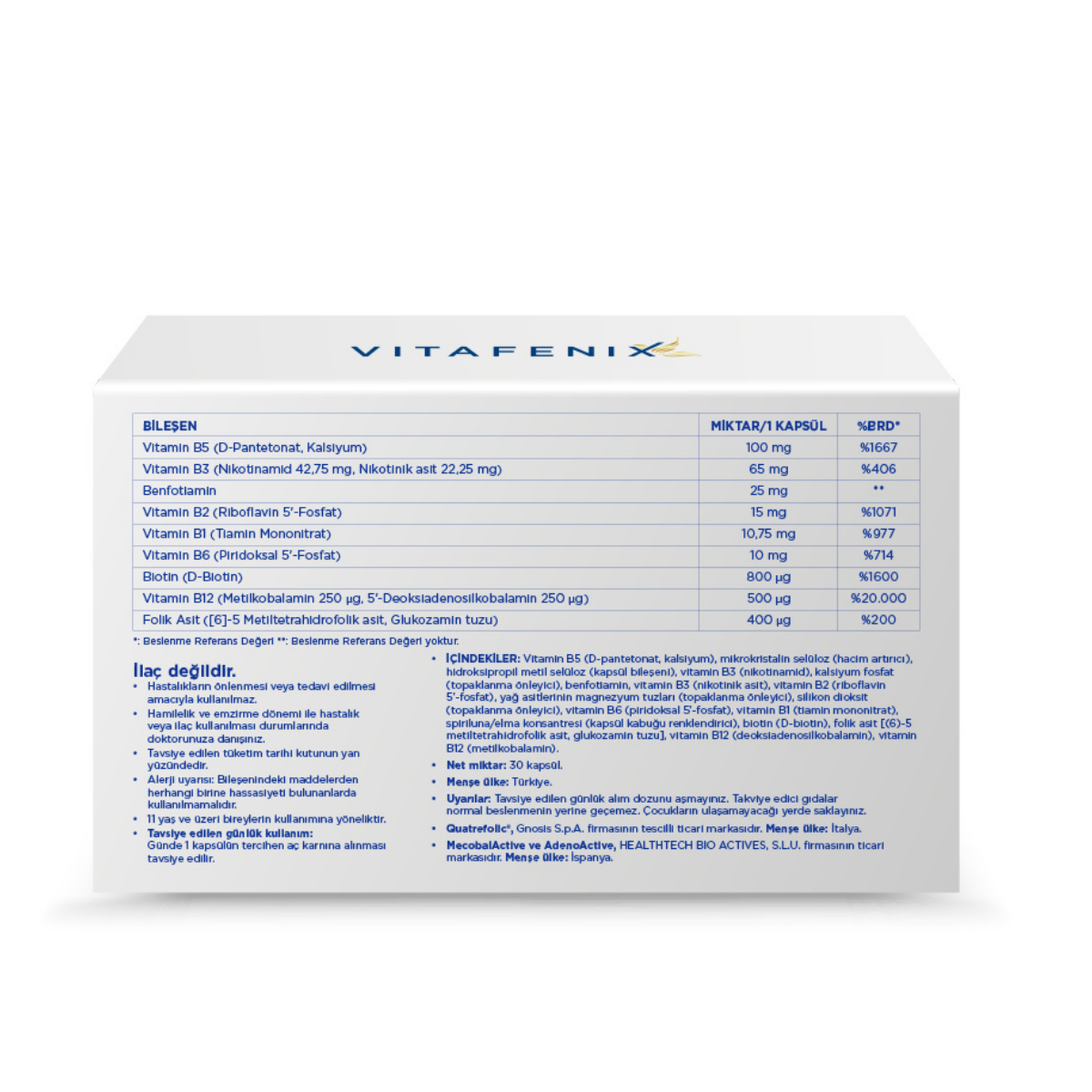 Vitafenix Aktif B Kompleks - Benfotiamin ve Temel B Vitaminlerinin Aktif Formları