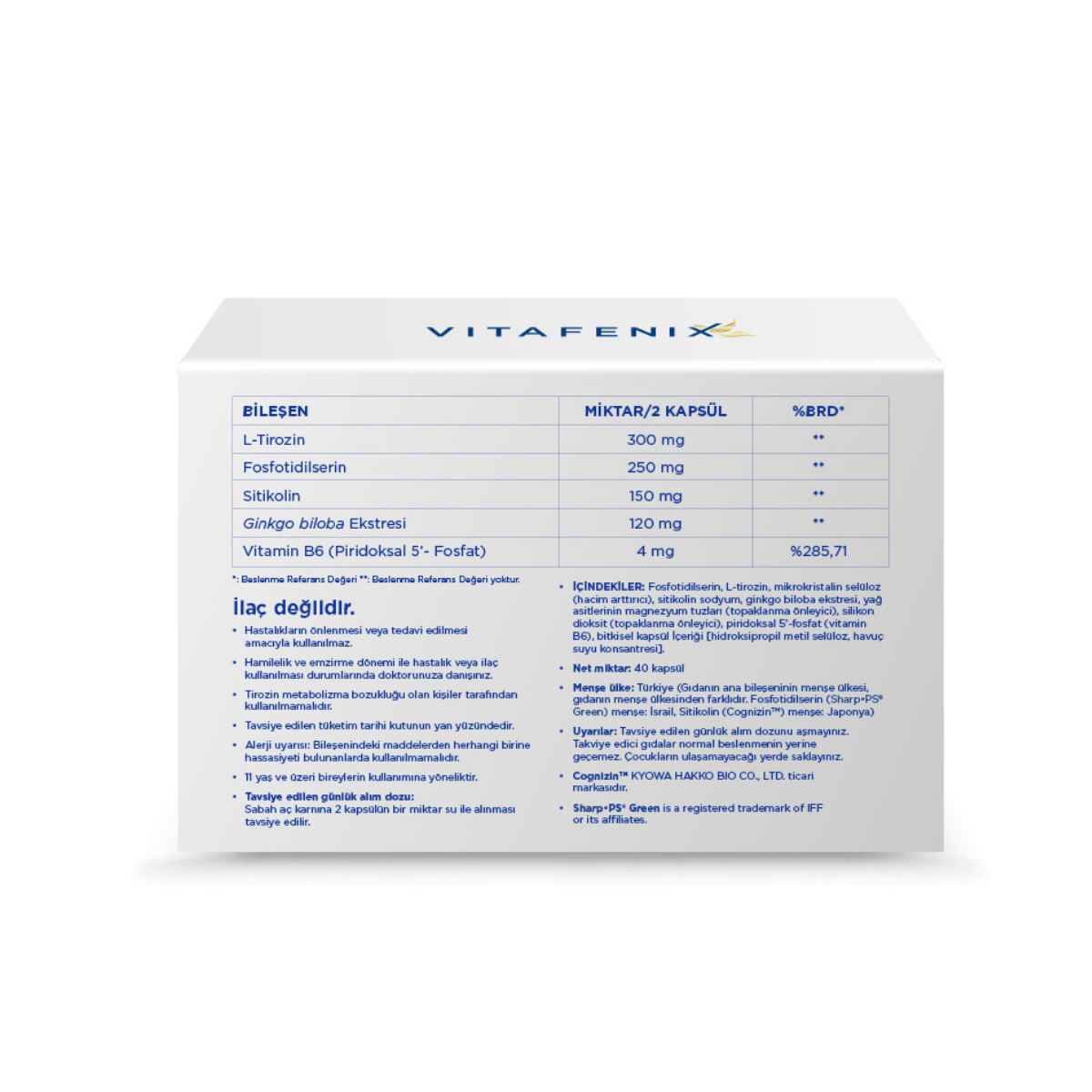 Vitafenix Cognifenix Fosfotidilserin ve Sitikolin İçeren Takviye Edici Gıda