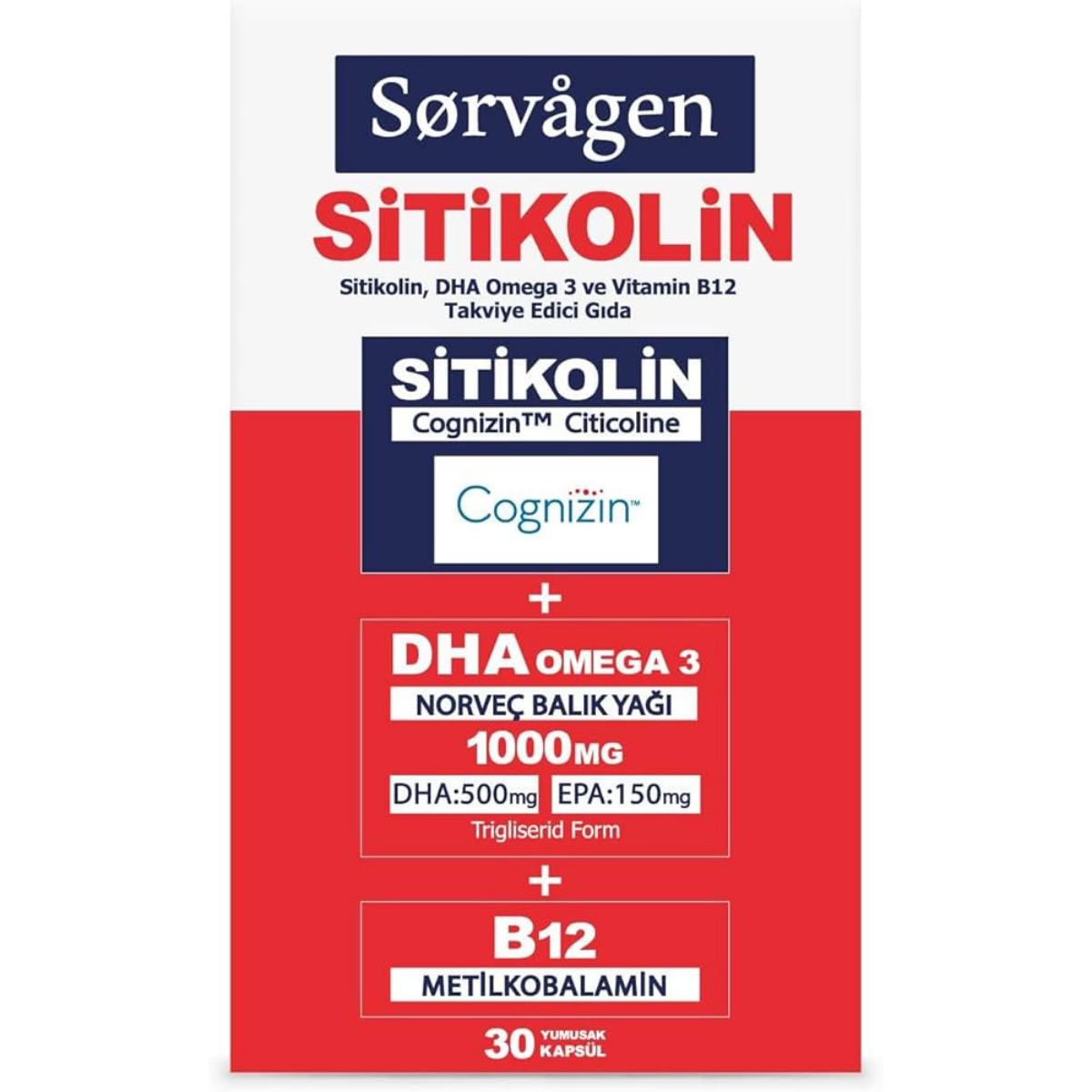 Sorvagen Smart Sitikolin DHA Omega 3 ve B12 30 Kapsül