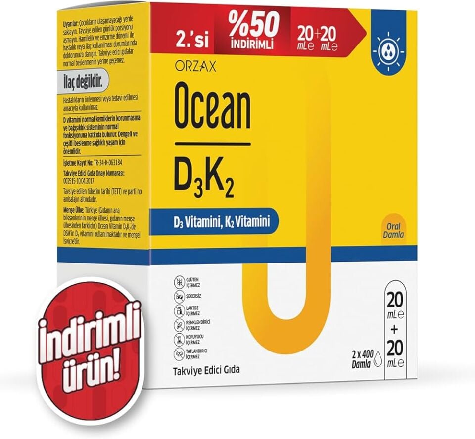 Orzax Ocean D3K2 Vitamin Damla 20 ml İKİLİ PAKET
