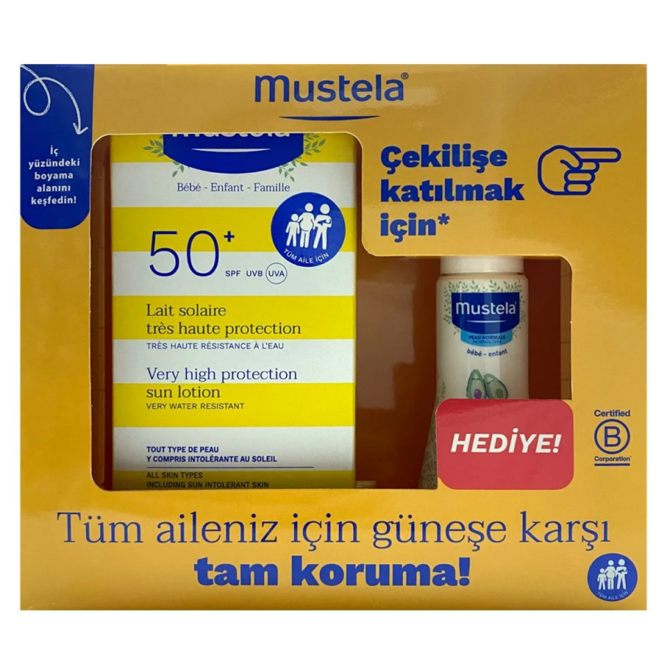 Mustela SPF 50+ Çok Yüksek Koruma Faktörlü Güneş Losyonu 100 ml+Vücut Losyonu Hediyeli!